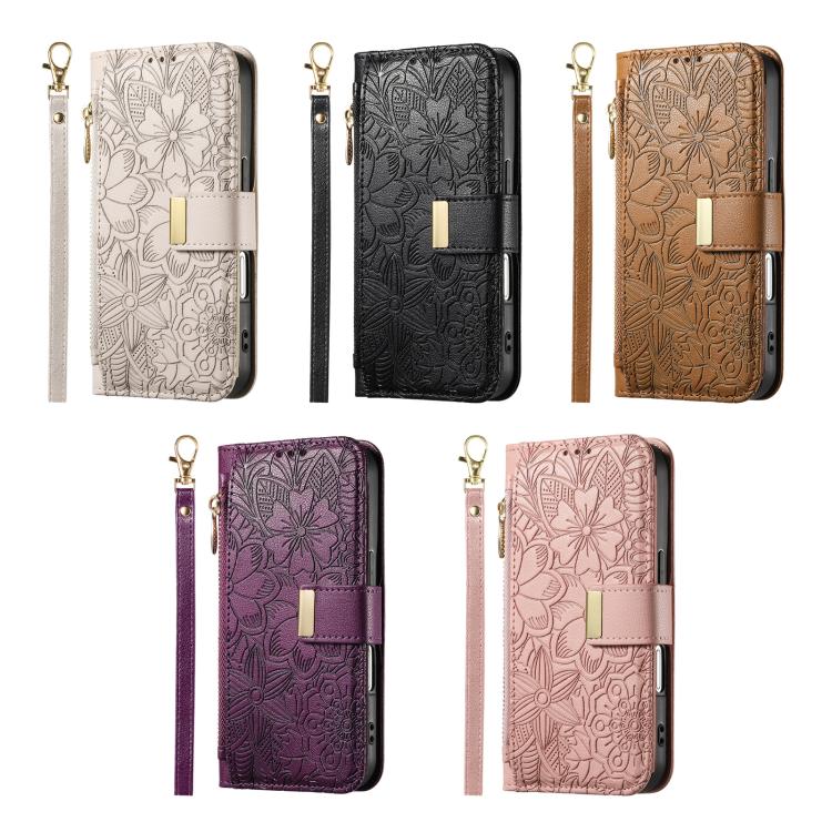 Funda de cuero con cremallera y correa para Samsung Galaxy S23 Ultra 5G, diseño de flores y hojas (marrón)