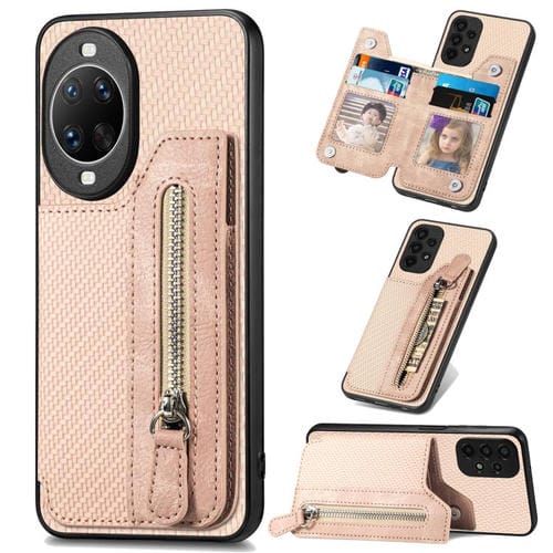 Funda tipo cartera con cremallera horizontal y tapa de fibra de carbono para Huawei Nova 14 (caqui)