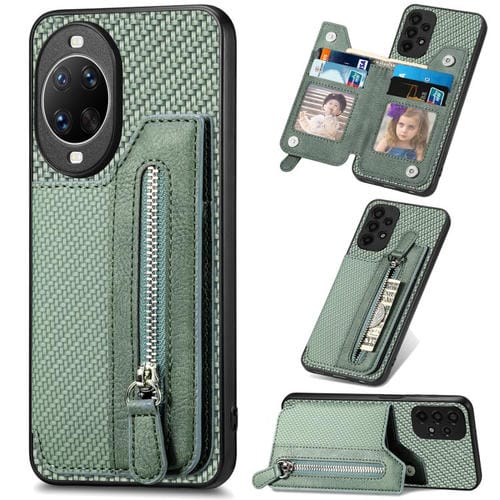 Funda tipo cartera con cremallera y tapa horizontal de fibra de carbono para Huawei nova 14 Pro (verde)