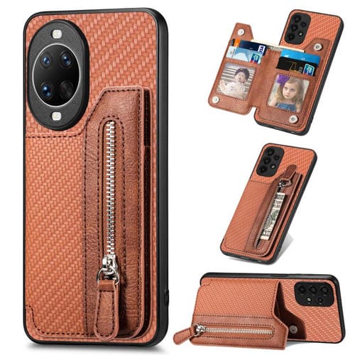 Funda tipo cartera con cremallera y tapa horizontal de fibra de carbono para Huawei nova 14 Ultra (marrón)
