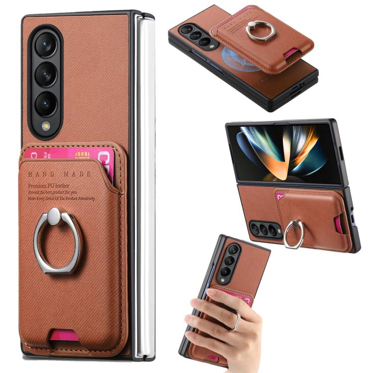 Funda de tela sarga con anillo magnético para Samsung Galaxy Z Fold3 5G (marrón)