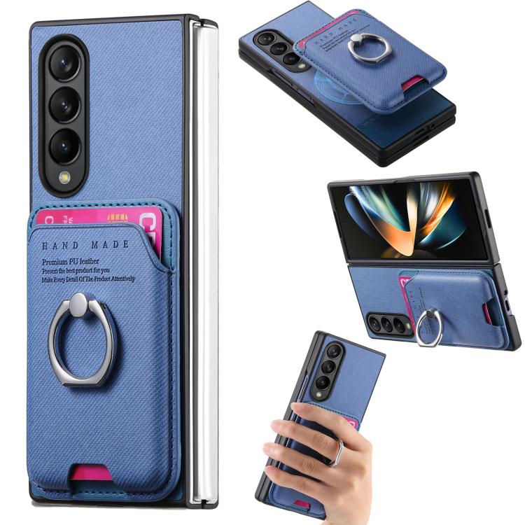 Funda magnética con anillo para Samsung Galaxy Z Fold3 5G, de tela sarga, con tarjetero (azul)