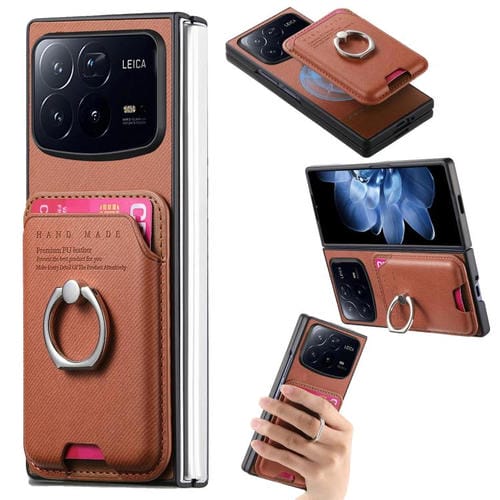 Funda magnética para Xiaomi Mix Fold 4, de tela sarga, con anillo para tarjetas (marrón)