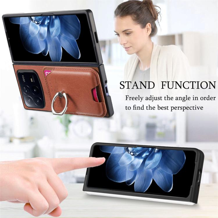 Funda magnética para Xiaomi Mix Fold 4, de tela sarga, con anillo para tarjetas (marrón)