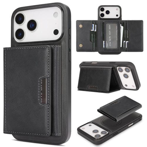 Funda de cuero plegable triple Kalebol con imán fuerte MagSafe para iPhone 17 Pro Max (negro)
