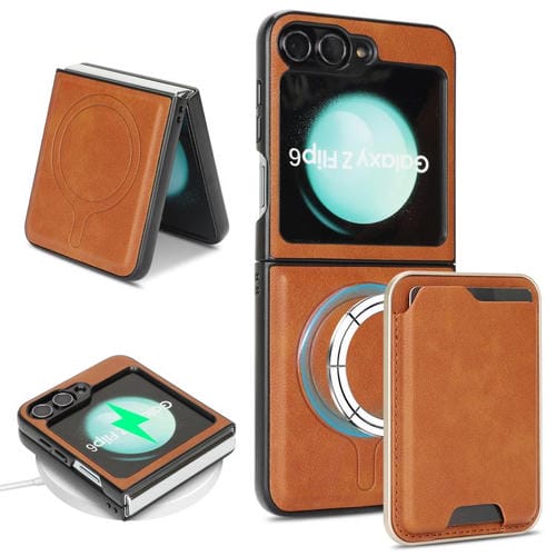 Funda de cuero con anillo magnético Kalebol Slim MagSafe para Samsung Galaxy Z Flip6 (marrón)