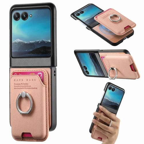 Funda magnética para Motorola Moto Razr 40 Ultra, de tela sarga, con anillo para tarjetas (rosa)