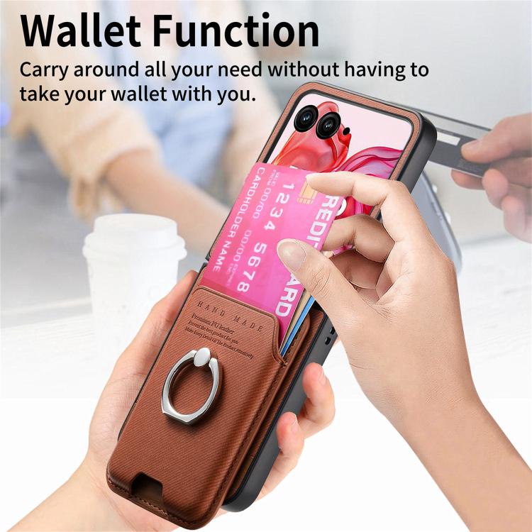 Funda magnética para Motorola Moto Razr 50 Ultra, de tela sarga, con anillo para tarjetas (marrón)