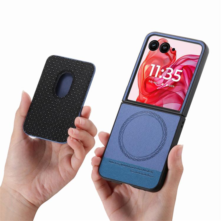 Funda magnética con anillo para Motorola Moto Razr 50 Ultra, de tela sarga, con ranuras para tarjetas (azul)