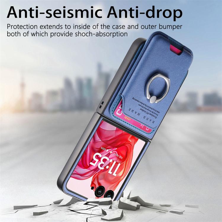 Funda magnética con anillo para Motorola Moto Razr 50 Ultra, de tela sarga, con ranuras para tarjetas (azul)