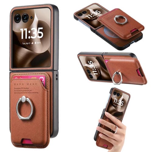 Funda magnética para Motorola Moto Razr 60 Ultra, de tela sarga, con anillo para tarjetas (marrón)