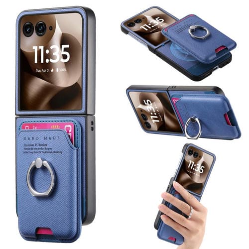 Funda magnética con anillo para Motorola Moto Razr 60 Ultra, de tela sarga, con ranuras para tarjetas (azul)
