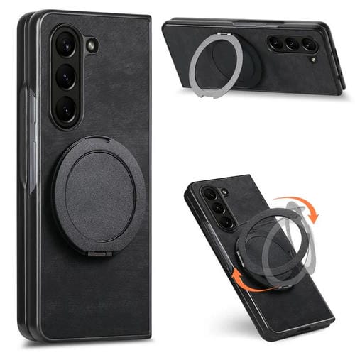 Funda de cuero retro con soporte giratorio redondo para Samsung Galaxy Z Fold5 (negro)