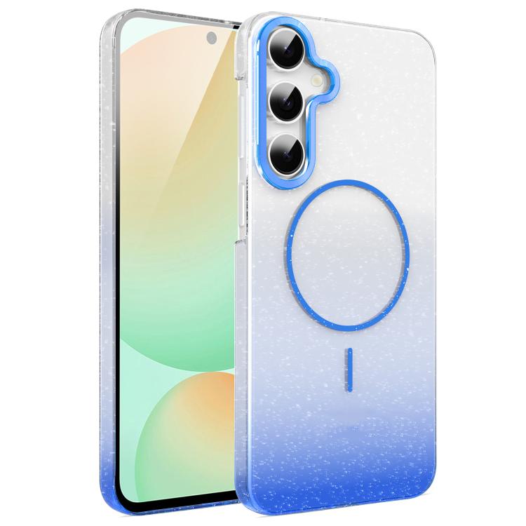 Funda MagSafe a prueba de golpes para Samsung Galaxy S24 FE 5G con purpurina dorada y degradado (azul)