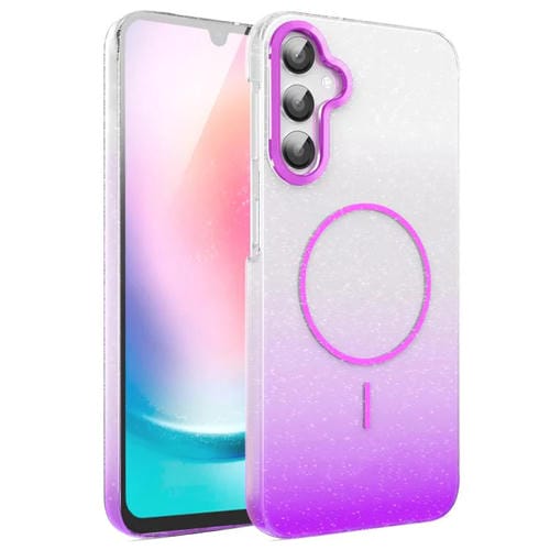 Funda MagSafe a prueba de golpes para Samsung Galaxy A24 4G con purpurina dorada y degradado (morado)