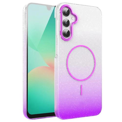 Funda MagSafe a prueba de golpes para Samsung Galaxy A26 5G con purpurina dorada y degradado (morado)