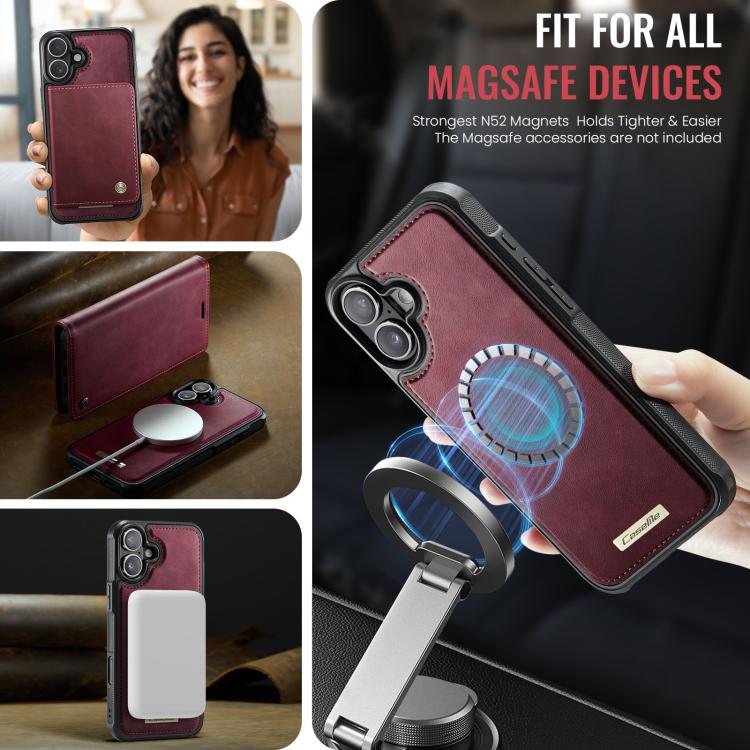 Funda de cuero desmontable CaseMe C49 con bloqueo RFID MagSafe para iPhone 16 (roja)