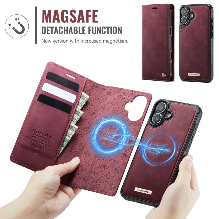 Funda de cuero desmontable CaseMe C49 con bloqueo RFID MagSafe para iPhone 16 (roja)