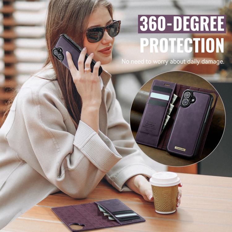 Funda de cuero desmontable CaseMe C49 con bloqueo RFID MagSafe para iPhone 16 (morado)