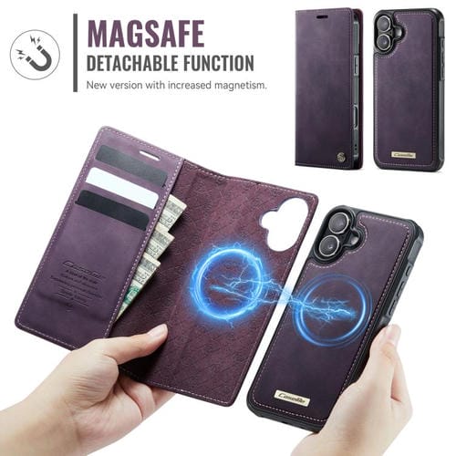 Funda de cuero desmontable CaseMe C49 para iPhone 16 Plus con bloqueo RFID MagSafe (morado)
