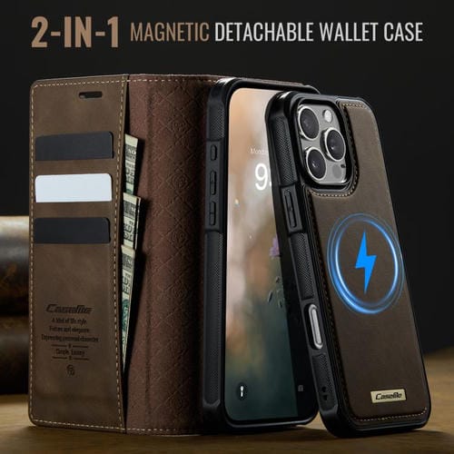 Funda de cuero desmontable CaseMe C49 para iPhone 16 Pro, con bloqueo RFID y MagSafe (café)