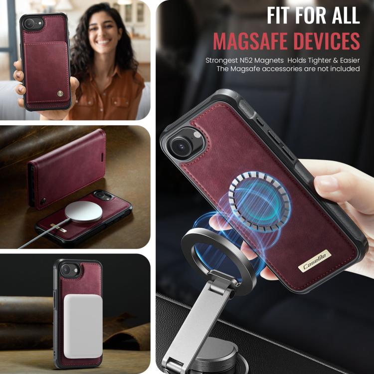 Funda de cuero desmontable CaseMe C49 con bloqueo RFID MagSafe para iPhone 16e (roja)