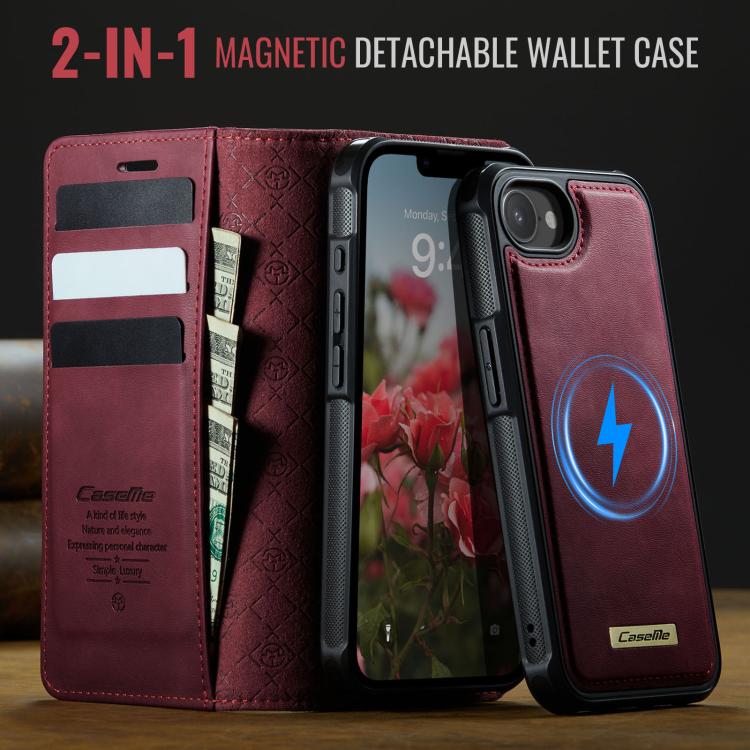 Funda de cuero desmontable CaseMe C49 con bloqueo RFID MagSafe para iPhone 16e (roja)
