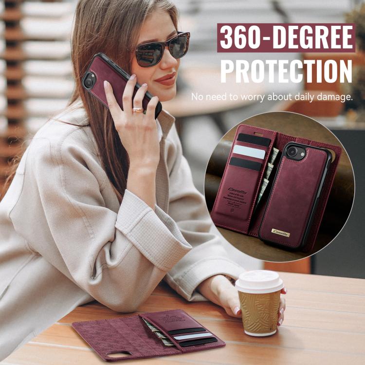 Funda de cuero desmontable CaseMe C49 con bloqueo RFID MagSafe para iPhone 16e (roja)