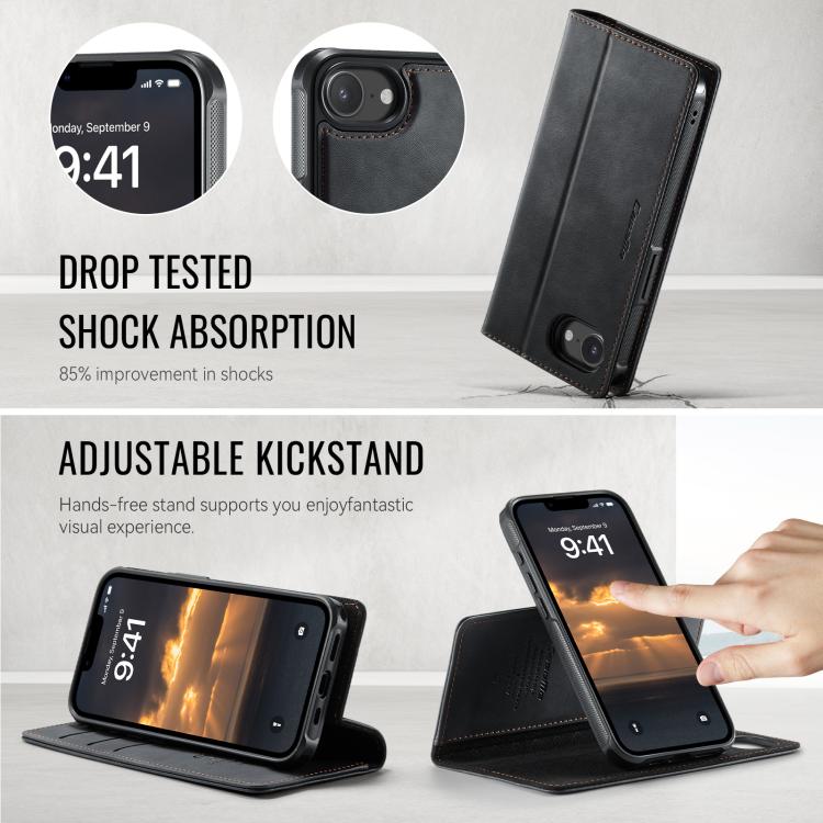 Funda de cuero desmontable CaseMe C49 con bloqueo RFID MagSafe para iPhone 16e (negra)