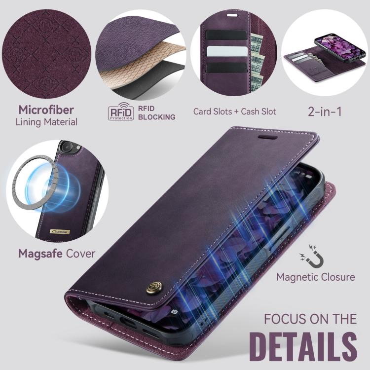 Funda de cuero desmontable CaseMe C49 MagSafe con bloqueo RFID para iPhone 16e (morado)