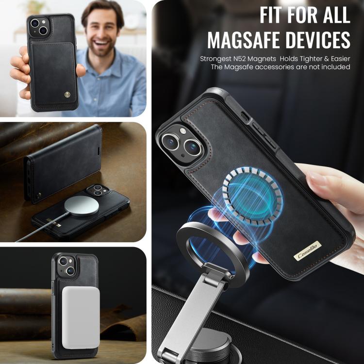 Funda de cuero desmontable CaseMe C49 con bloqueo RFID MagSafe para iPhone 15 (negra)