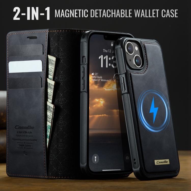 Funda de cuero desmontable CaseMe C49 con bloqueo RFID MagSafe para iPhone 15 (negra)