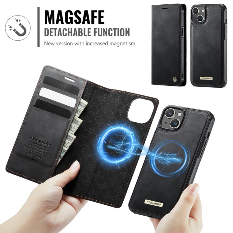 Funda de cuero desmontable CaseMe C49 con bloqueo RFID MagSafe para iPhone 15 (negra)