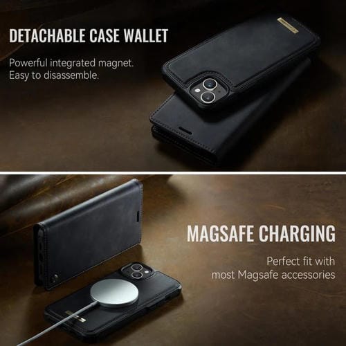 Funda de cuero desmontable CaseMe C49 con bloqueo RFID MagSafe para iPhone 15 (negra)