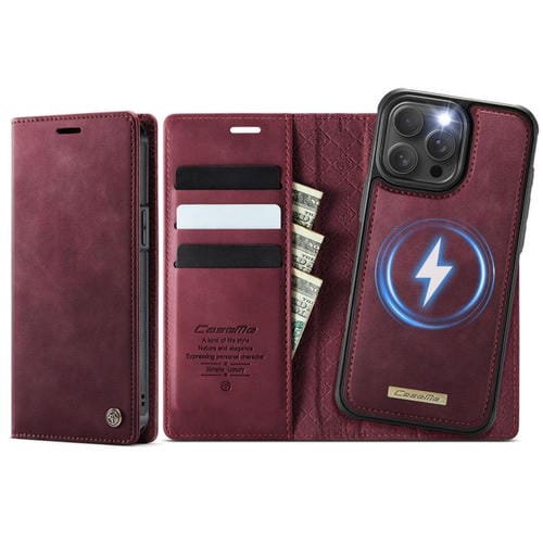 Funda de cuero desmontable CaseMe C49 con bloqueo RFID MagSafe para iPhone 15 Pro Max (roja)