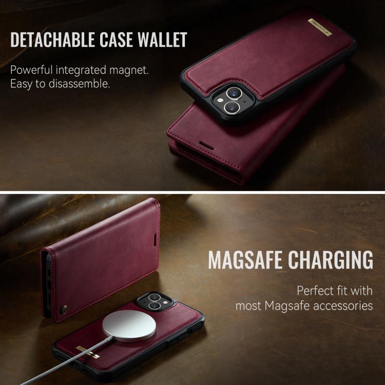 Funda de cuero desmontable CaseMe C49 con bloqueo RFID MagSafe para iPhone 14 (roja)