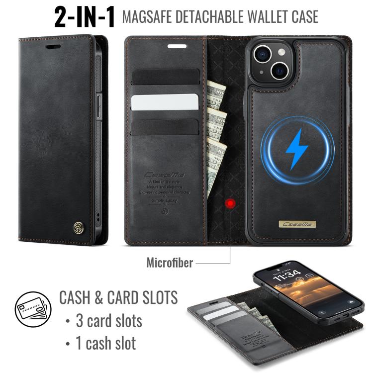 Funda de cuero desmontable CaseMe C49 con bloqueo RFID MagSafe para iPhone 14 (negra)