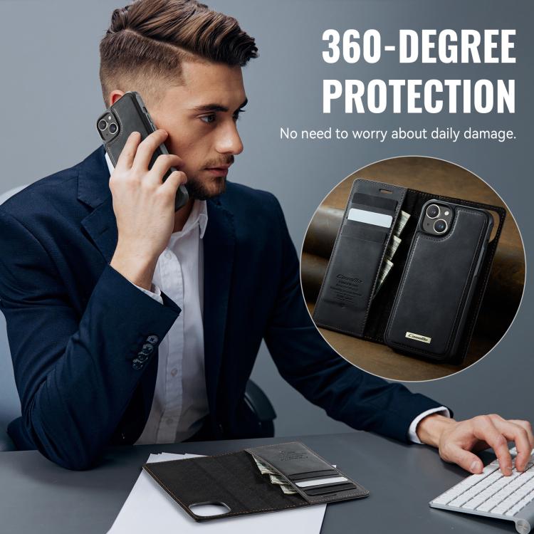 Funda de cuero desmontable CaseMe C49 con bloqueo RFID MagSafe para iPhone 14 (negra)