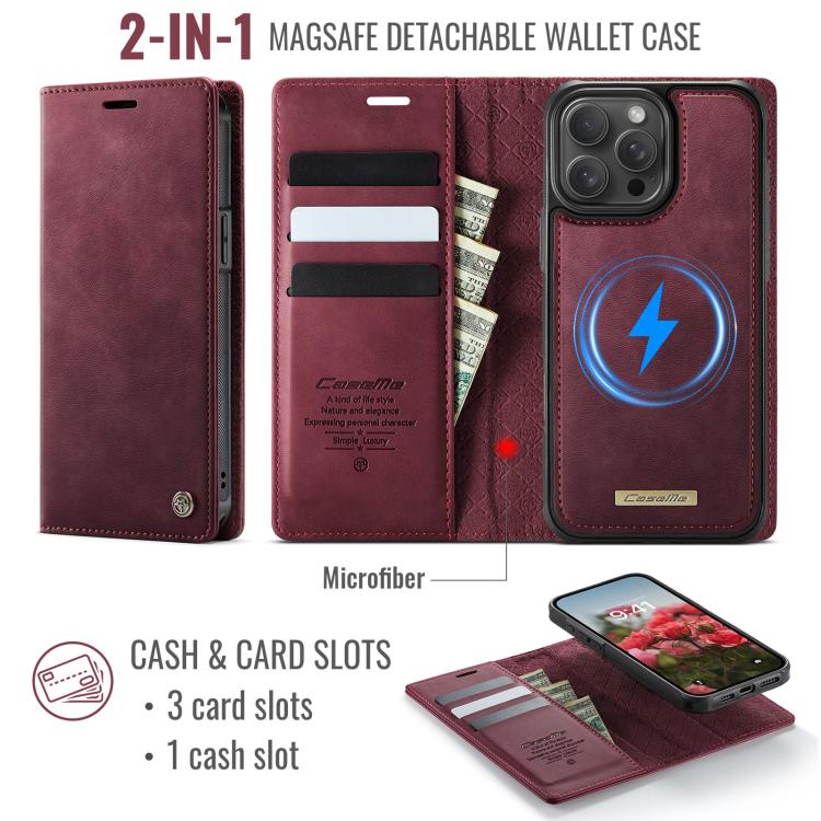 Funda de cuero desmontable CaseMe C49 con bloqueo RFID MagSafe para iPhone 14 Pro Max (roja)