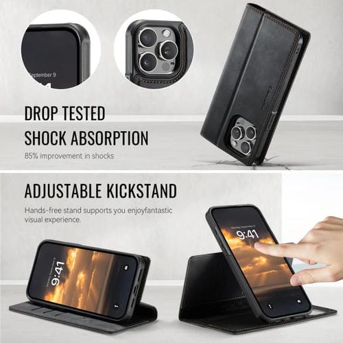 Funda de cuero desmontable CaseMe C49 con bloqueo RFID MagSafe para iPhone 14 Pro Max (negra)