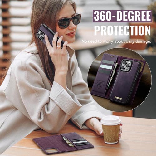 Funda de cuero desmontable CaseMe C49 para iPhone 13 Pro Max con bloqueo RFID MagSafe (morado)