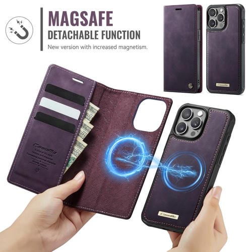 Funda de cuero desmontable CaseMe C49 con bloqueo RFID MagSafe para iPhone 12/12 Pro (morado)