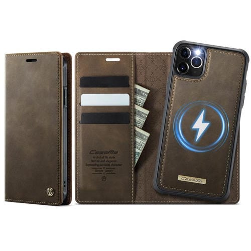 Funda de cuero desmontable CaseMe C49 con bloqueo RFID MagSafe para iPhone 11 Pro Max (café)