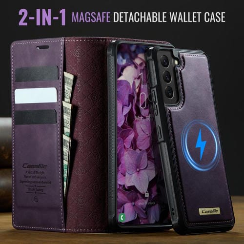 Funda de cuero desmontable con bloqueo RFID magnético para Samsung Galaxy S22 5G CaseMe C49 (morado)