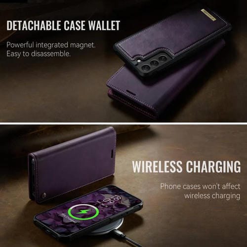 Funda de cuero desmontable con bloqueo RFID magnético para Samsung Galaxy S22 5G CaseMe C49 (morado)
