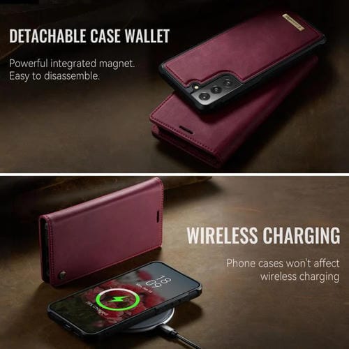 Funda de cuero desmontable CaseMe C49 con bloqueo RFID magnético para Samsung Galaxy S21 FE 5G (roja)