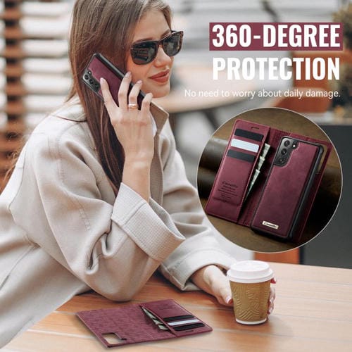 Funda de cuero desmontable CaseMe C49 con bloqueo RFID magnético para Samsung Galaxy S21 FE 5G (roja)
