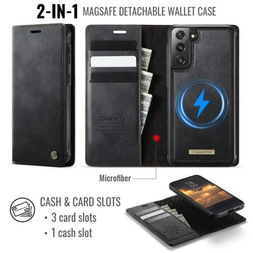 Funda de cuero desmontable CaseMe C49 con bloqueo RFID magnético para Samsung Galaxy S21 FE 5G (negra)
