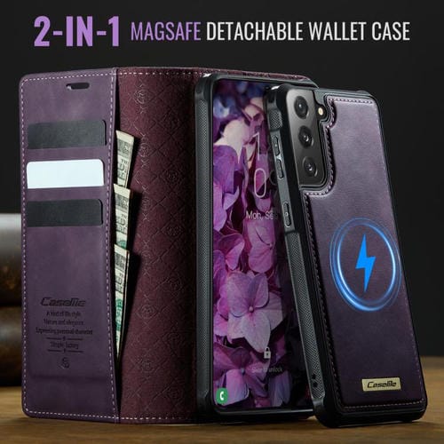 Funda de cuero desmontable con bloqueo RFID magnético para Samsung Galaxy S21 5G CaseMe C49 (morado)
