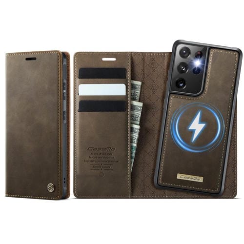 Funda de cuero desmontable con bloqueo RFID magnético para Samsung Galaxy S21 Ultra 5G CaseMe C49 (café)